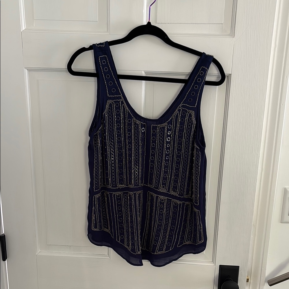 Parker Blue and White Embellished Sleeveless Tank Top